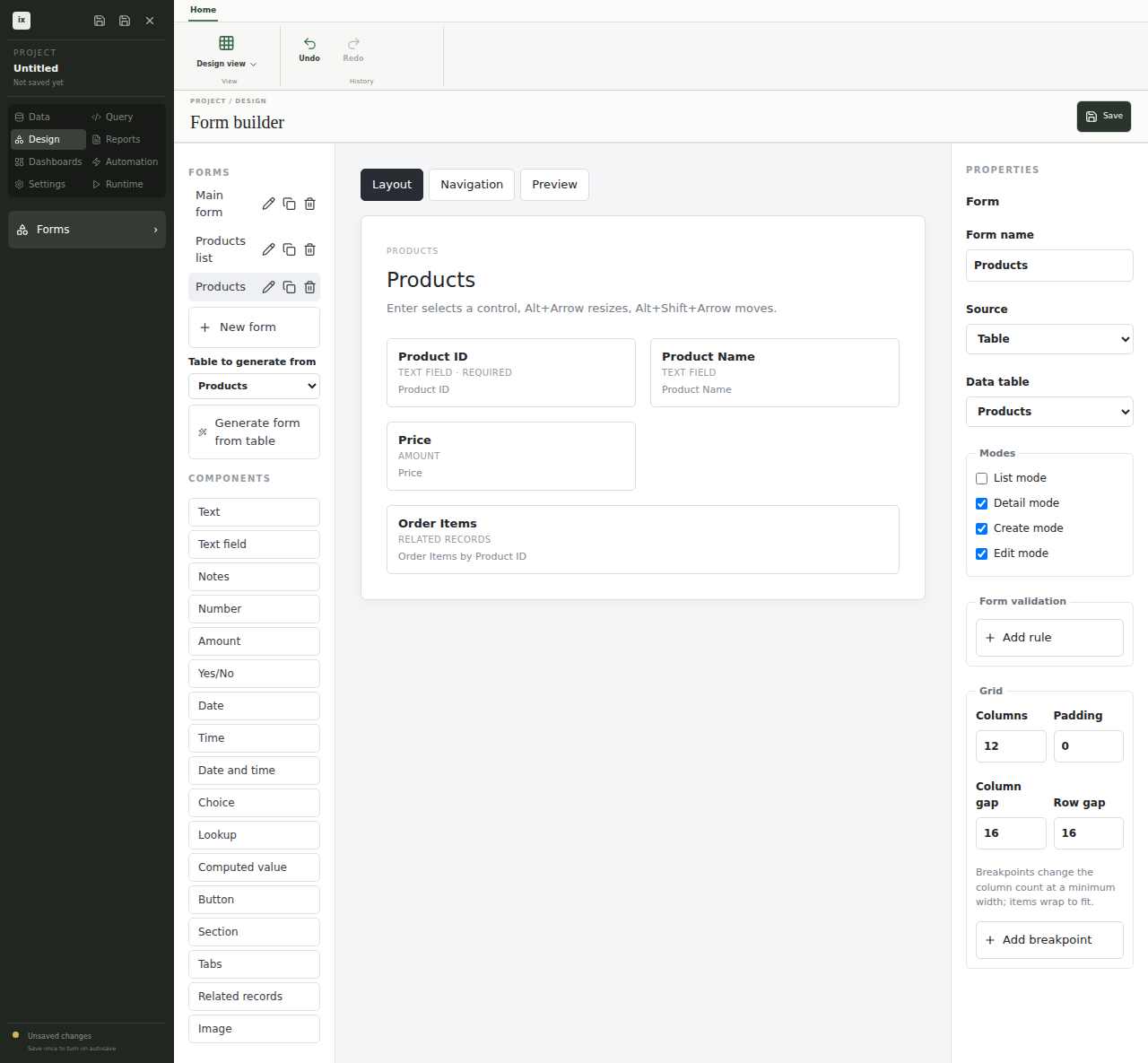 ixtable production form builder